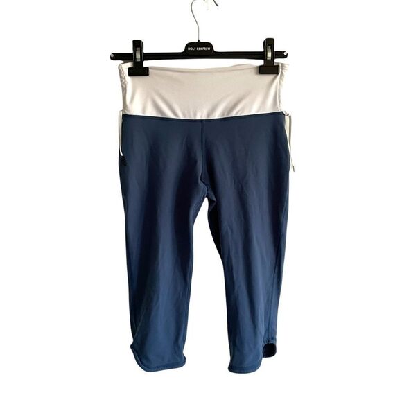 LULULEMON Capri Cropped Yoga Leggings Tights Gathered Tie Side Blue White 6 - Picture 1 of 7